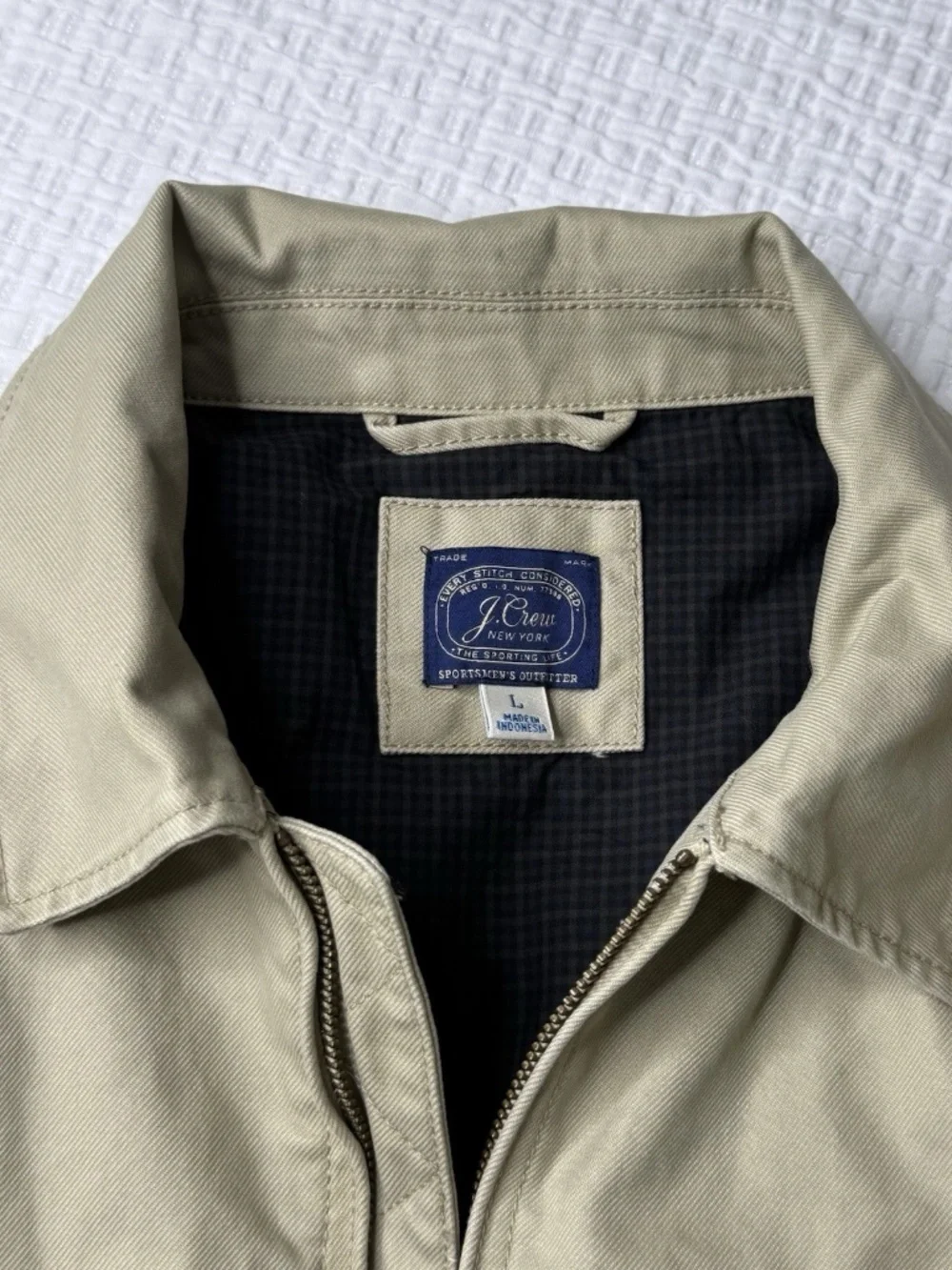 J.CREW Harrington Jacket 100% Cotton Twill Khaki Tan BJ059 Pockets Men's Sz L